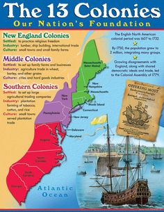 the thirteen colonies is shown in this book, with information about its locations and their origins