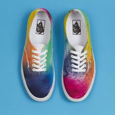 Fun customized Vans by artist Chad Kouri. Tie dye Rainbow Vans, Sneaker Art, Cute Sneakers, Emo Fashion, Vans Authentic Sneaker