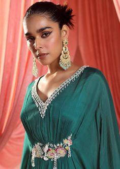 Full length draped kaftan, embellished on the neckline, sleeves and waist. Draped Kaftan, Custom Tailoring, Asian Fashion, Emerald Green, Custom Sizing, Full Length, Emerald, Chiffon, Sleeve Length