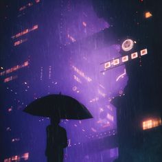 a person standing under an umbrella in the rain at night with city lights behind them