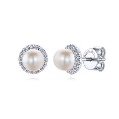 14K White Gold Round Diamond Halo Pearl Stud Earrings Round Diamond Halo, Time Jewelry, Black Pearl Earrings, White Gold Earrings Studs, White Gold Studs, Silver Pearl Earrings, Simple Diamonds, Jewelry Appraisal, Pearl And Diamond Earrings