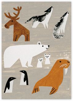 an art print with animals and birds on it's sides, including polar bears