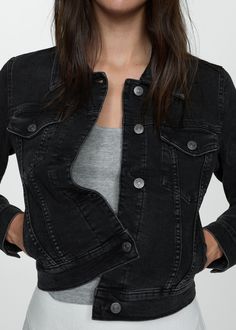 Pocketed denim jacket - Woman | MANGO USA Moda Denim, Denim Outerwear, Jacket Denim, Leather Denim, Black Denim Jacket, Denim Jacket Women, Women's Coats & Jackets, Denim Outfit, Tweed Jacket