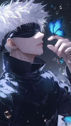 a man with white hair holding a blue butterfly