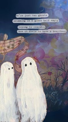 two white ghost like birds standing next to each other in front of a purple background