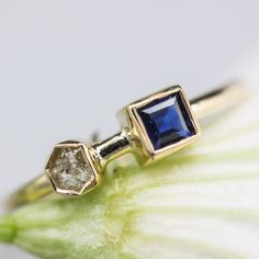 two gold rings with blue and white diamonds sitting on top of a green plant leaf