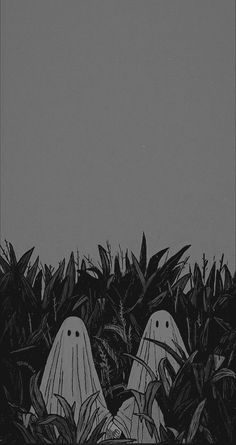 black and white photograph of two ghost heads in the grass