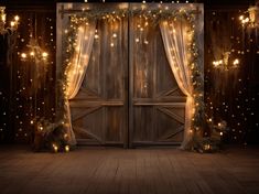 an open wooden door with fairy lights on the curtains and wood floor in front of it