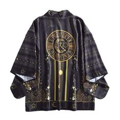 This black unisex haori features a procession with a gold vintage clock; it's designed the starry night painting with shining stars and butterflies. The material of Charmante Satin makes a high-density digital printing and it has very soft and smooth touch; This haori is worn atop a kimono. You can also have a good look to wear it as a coat with pants and a shirt. Boho Japanese, Gothic Boho, Male Outfits, Egirl Outfits