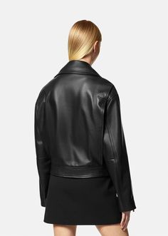 A biker-inspired leather jacket with Medusa hardware and a diagonal zipper. The outerwear style features a belted waist and zipped pockets. Biker Jacket Style, Jacket For Women, Pocket Belt, Leather Biker Jacket, Gianni Versace, Jacket Sale, Biker Jacket, Jacket Style, Online Design