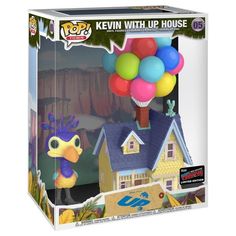 a box with a balloon in the shape of a house and a bird flying over it