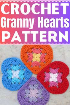 four crochet granny hearts with text overlay