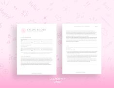 a pink and white letterhead with the words salon booth on it, next to an open