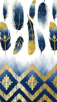 blue and gold feathers on a white background with an abstract design in the bottom right corner