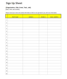 a sign up sheet for the organization