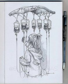 a drawing of a girl holding an umbrella over her head with many lights hanging from the ceiling