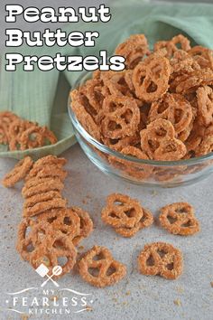 a bowl full of peanut butter pretzels on top of a table with the title above it