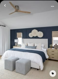 a bedroom with blue walls and white bedding, two stools on either side of the bed