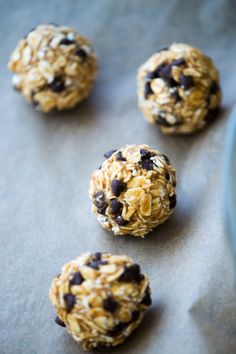 chocolate chip oatmeal energy bites are on a baking sheet and ready to be eaten