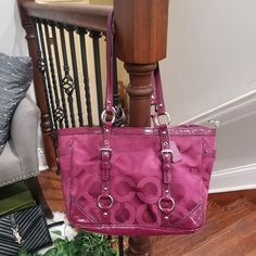 Coach Medium Shoulder Tote Bag Beautiful Condition- Vibrant Color See Last 4 Photos For Insignificant Signs Of Wear Purple Travel Bag With Silver-tone Hardware, Purple Bags With Silver-tone Hardware For Shopping, Coach Purple Shoulder Bag With Top Carry Handle, Coach Purple Bag With Top Carry Handle, Shoulder Tote Bag, Medium Bags, Coach Bags, Bag Lady, Vibrant Colors