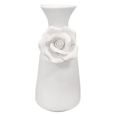 a white vase with a flower on the top is shown in front of a white background