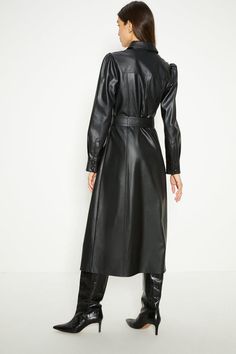 Style: Midi DressDesign: PlainFabric: PuLength: MidiNeckline: CollaredSleeve Length: Long Sleeve Wet Look Dress, Oasis Dress, Long Leather Coat, Oasis Fashion, Belted Midi Dress, Modest Dresses, Quick Delivery, Dress Clothes For Women, Leather Coat