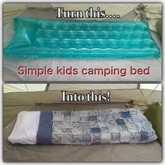 an inflatable bed is shown with the words, turn this simple kids camping bed into this