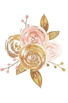 pink and gold flowers with leaves on a white background