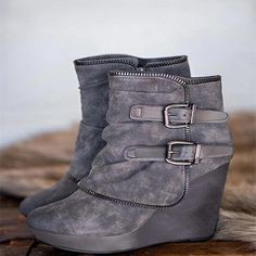 Category:Boots; Upper Materials:Faux Suede; Embellishment:Buckle; Season:Fall,Winter; Heel Type:Wedge Heel; Gender:Women's; Toe Shape:Round Toe; Type:Booties Ankle Boots; Style:Vacation,Fashion,Cute; Heel Height(inch):2-3; Outsole Materials:Rubber; Occasion:Daily; Closure Type:Zipper; Pattern:Solid Color; Listing Date:08/24/2023; Production mode:External procurement; 2024 Trends:Suede Shoes,Plus Size,Booties Ankle Boots; Foot Length:null; Foot Width:null Above Ankle Boots, Cheap Ankle Boots, Thick Heel Shoes, Womens Suede Boots, Zippers Fashion, Wedge Heel Boots, Winter Shoes For Women, Winter Ankle Boots, Wedge Ankle Boots