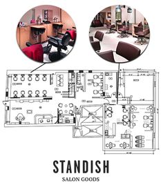 the floor plan for a salon with chairs and desks in each room, including an office