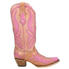 Perhaps you prefer pink overlay boots that practically sparkle with life. The beautiful shade of pink is impossible to ignore and catches the light with every move you make. Elegant and vibrant, the pink overlay is embroidered with an orange fluorescent thread that glows into neon when exposed to black light. The perfect pair to go clubbing! Size: 9.  Gender: female.  Age Group: adult. Dark Embroidery, Pink Suits, Fall Fashion Boots, Pink Overlay, Corral Boots Womens, Costal Cowgirl, Megan Moroney, Rodeo Boots, Boots Mid Calf