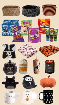 various halloween items are arranged on a beige background with text that reads, what's in the bag?