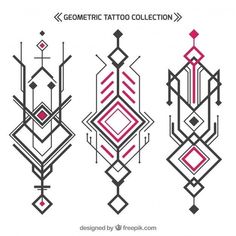 geometric tattoo designs with red and black lines on white background, including an abstract design