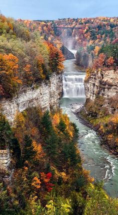 an image of a waterfall in the middle of a river with fall foliage around it