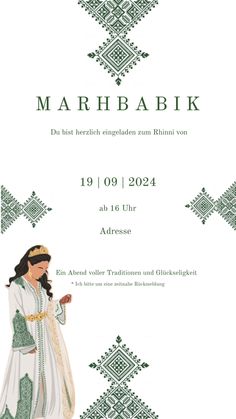 an advertisement for marhababbik with a woman dressed in white and green