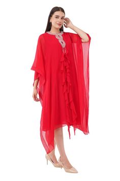 Red kaftan with placed crystal sequin embellishments and fabric tassels in the front. - Aza Fashions Red Kaftan, Fabric Tassels, Mithila Palkar, Kaftan Pattern, Kaftan Women, Kaftan For Women, Luxury Sale, Cape Sleeves, Shraddha Kapoor