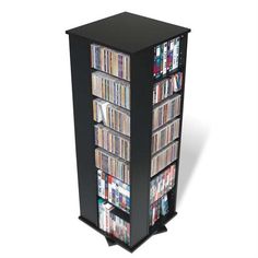 a tall black bookcase filled with lots of dvd's