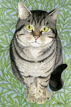 a painting of a cat sitting on top of a green leafy plant with yellow eyes