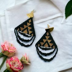 Southwestern Glam Seed Bead Drop Earrings - Etsy Artisan Black Beaded Drop Earrings, Black Artisan Drop Earrings, Artisan Black Drop Earrings, Artisan Black Earrings For Festivals, Gold Drop Earrings With Black Beads, Black Drop Earrings, Bead Drop Earrings, Southwestern Boho, Boho Glam