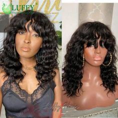 Deep Wave Brazilian Human Hair Wigs Wavy Scalp Top Machine Made Wigs With Bangs, #AD, ##Bangs, #Advertisement, #Machine, #Top, #Scalp Medium Wavy Bob, Human Hair Wigs With Bangs, Short Bob Cuts, Indian Remy Human Hair, Remy Human Hair Wigs, Hair Color Shades, How To Style Bangs, Brazilian Human Hair, Deep Wave