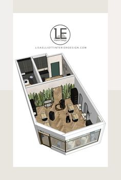 the floor plan for an office with two desks and one chair, is shown