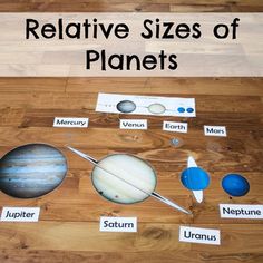 the solar system and its planets on a wooden floor with text that reads, relative sizes of planets