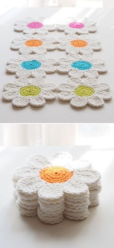 crocheted coasters with colorful circles on them