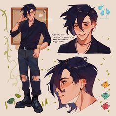 an anime character with black hair, wearing ripped jeans and a black t - shirt