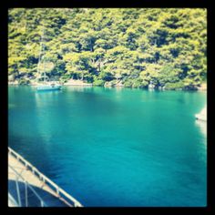 there is a boat that is in the water near some hills and trees on the shore