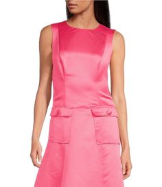 Trina Turk Satin High Neck Sleeveless Vertical Seam Front Patch Pocket Guinevere Dress | Dillard's Fitted Sleeveless Mini Dress With Pockets, Chic Mini Dresses With Side Pockets, Chic Mini Dress With Side Pockets, A-line Mini Dress With Pockets, A-line Sleeveless Dress With Pockets For Work, Elegant Sleeveless Mini Dress With Pockets, Chic Sleeveless Work Dress With Pockets, Chic Dresses With Side Pockets, Chic A-line Sleeveless Dress With Pockets