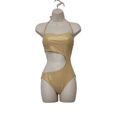 The Cups Are Best Fitted To B/C Cups. Shimmery Gold Side Cut Out Detail Adjustable Tie Neck New With No Flaws. Bundle 2 Or More To Save 20% Y Chic Gold Swimwear For Summer, Summer Vacation Cutout Bodysuit, Gold Beachwear Swimwear For Spring, Gold Backless Swimwear For Vacation, Gold Lined Swimwear For The Beach, Gold Swimwear With Lined Body For Beach, Gold One-piece Swimwear For Poolside, Gold Swimwear For Beach In Spring, Gold Summer Swimwear