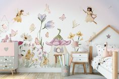 Introducing our stunning Girls Wallpaper, a perfect addition to any little girl's bedroom. This full wall design is sure to create a magical and enchanting atmosphere in the room. The design features two beautiful fairies, gracefully flying amongst a backdrop of colourful flowers and playful butterflies. The fairies are depicted in intricate detail, with delicate wings and flowing dresses, adding a touch of whimsy to the room. The base of the design is adorned with charming toadstools, adding a touch of woodland magic to the scene. At the centre of the wallpaper design, there is a large Fairyhouse, complete with charming details such as windows and a door. This focal point of the wallpaper is sure to capture the imagination of any little girl as she drifts off to sleep. The soft, pastel co Secret Garden Wallpaper, Fairy Mural, Nursery Princess, Princess Decor, Wallpaper Nursery, Princess Decorations, Nursery Wall Murals, Garden Wallpaper, Balloon Wall