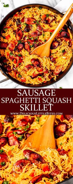 sausage and spaghetti casserole in a skillet with a wooden spoon on the side