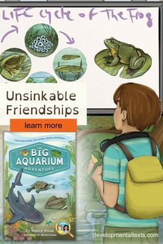 an image of children looking at books about life cycle and fish in the pond with text overlay